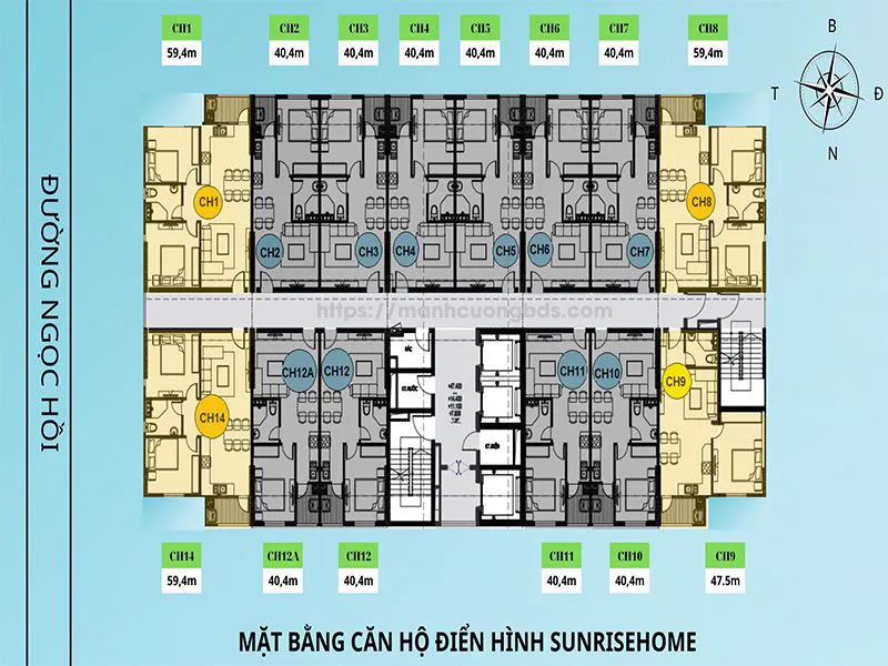Mặt bằng tầng điển hình Sunrise Home (căn 40,4–59,4 m²) – Nhà ở xã hội Ngọc Hồi (Sunrise Home)